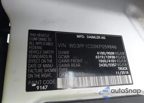 2019 Mercedes-Benz Sprinter 2500 High Roof V6 z USA, uszkodzony, nr VIN WD3PF1CD0KP059846